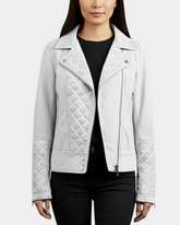 Women Leather Biker Jacket with Quilt Detail Vintage Astral White